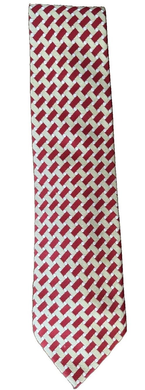 Hugo Boss Mens Silk Tie Necktie Red Gold Geometric Pattern Made in Italy